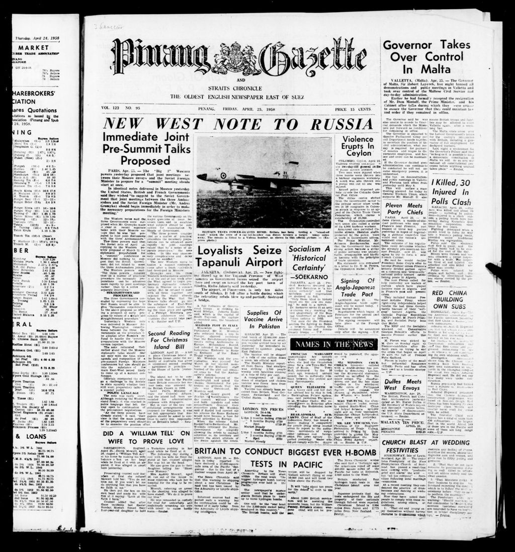 Miniature of Pinang Gazette and Straits Chronicle 25 April 1958