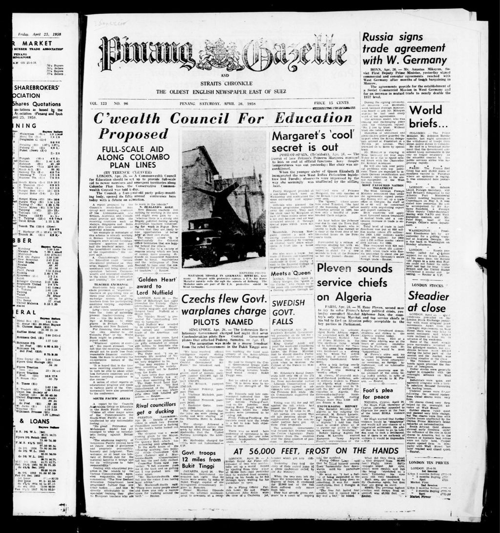 Miniature of Pinang Gazette and Straits Chronicle 26 April 1958