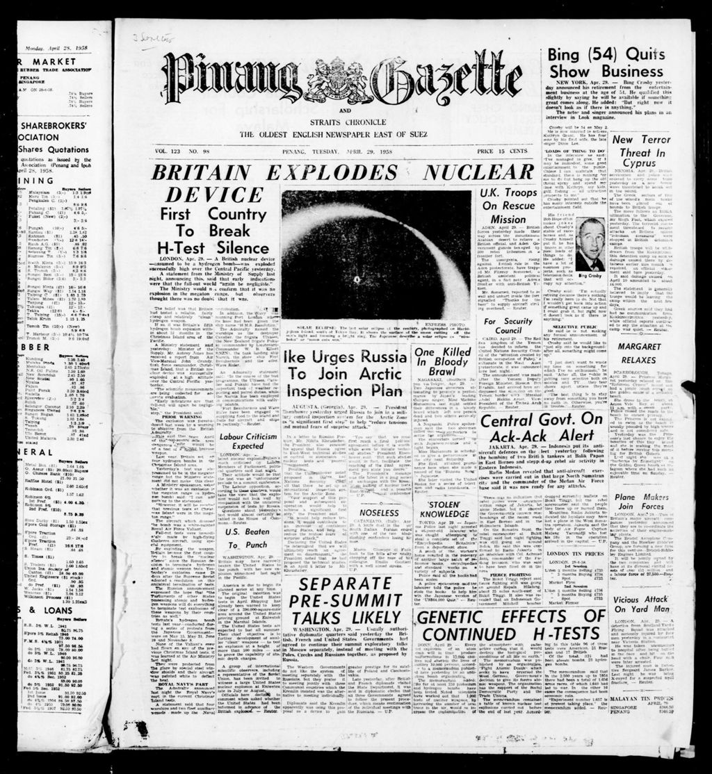 Miniature of Pinang Gazette and Straits Chronicle 29 April 1958