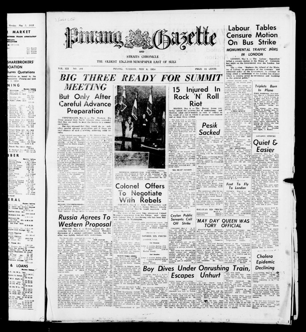 Miniature of Pinang Gazette and Straits Chronicle 06 May 1958