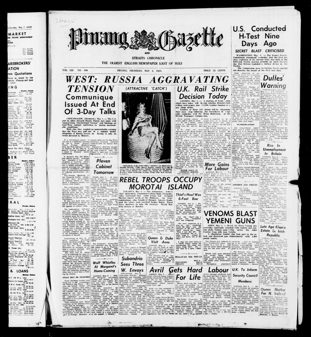 Miniature of Pinang Gazette and Straits Chronicle 08 May 1958