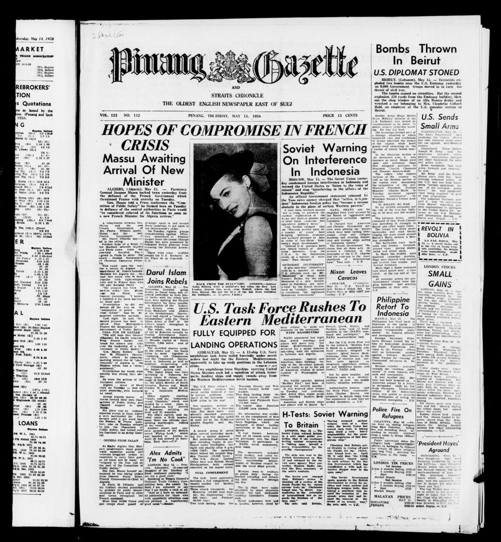 Miniature of Pinang Gazette and Straits Chronicle 15 May 1958