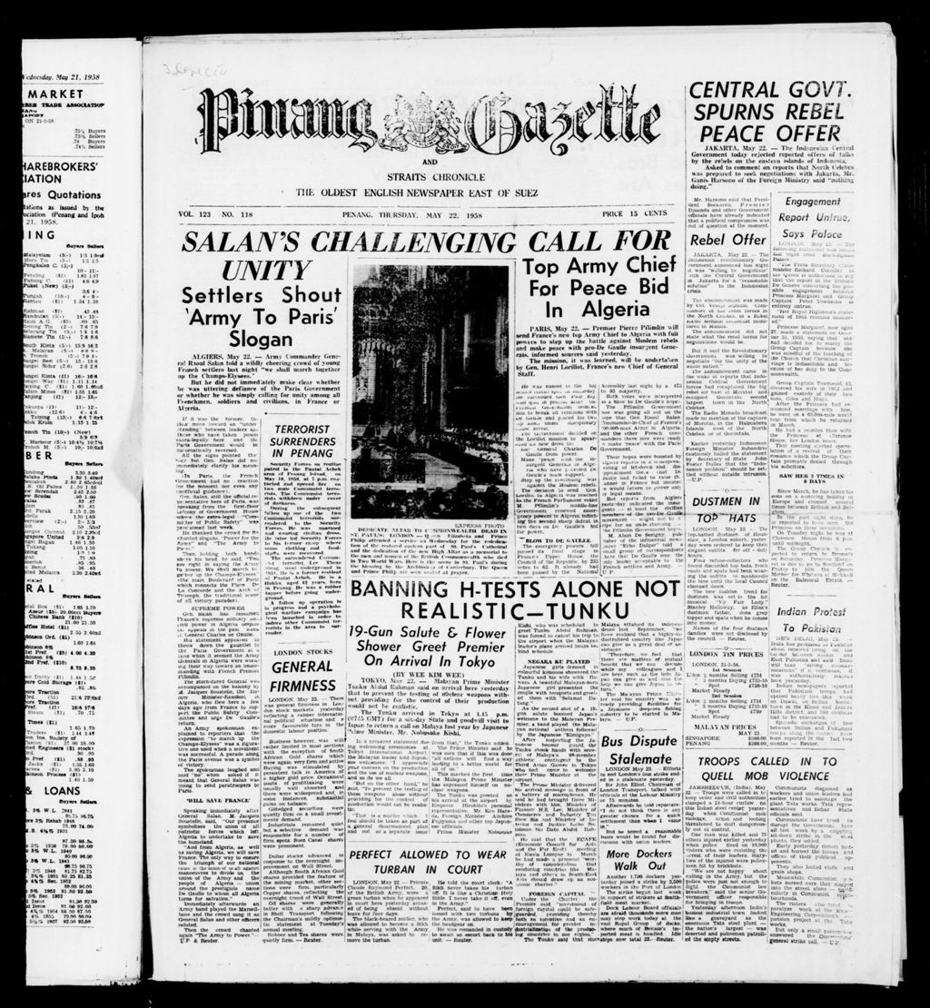 Miniature of Pinang Gazette and Straits Chronicle 22 May 1958