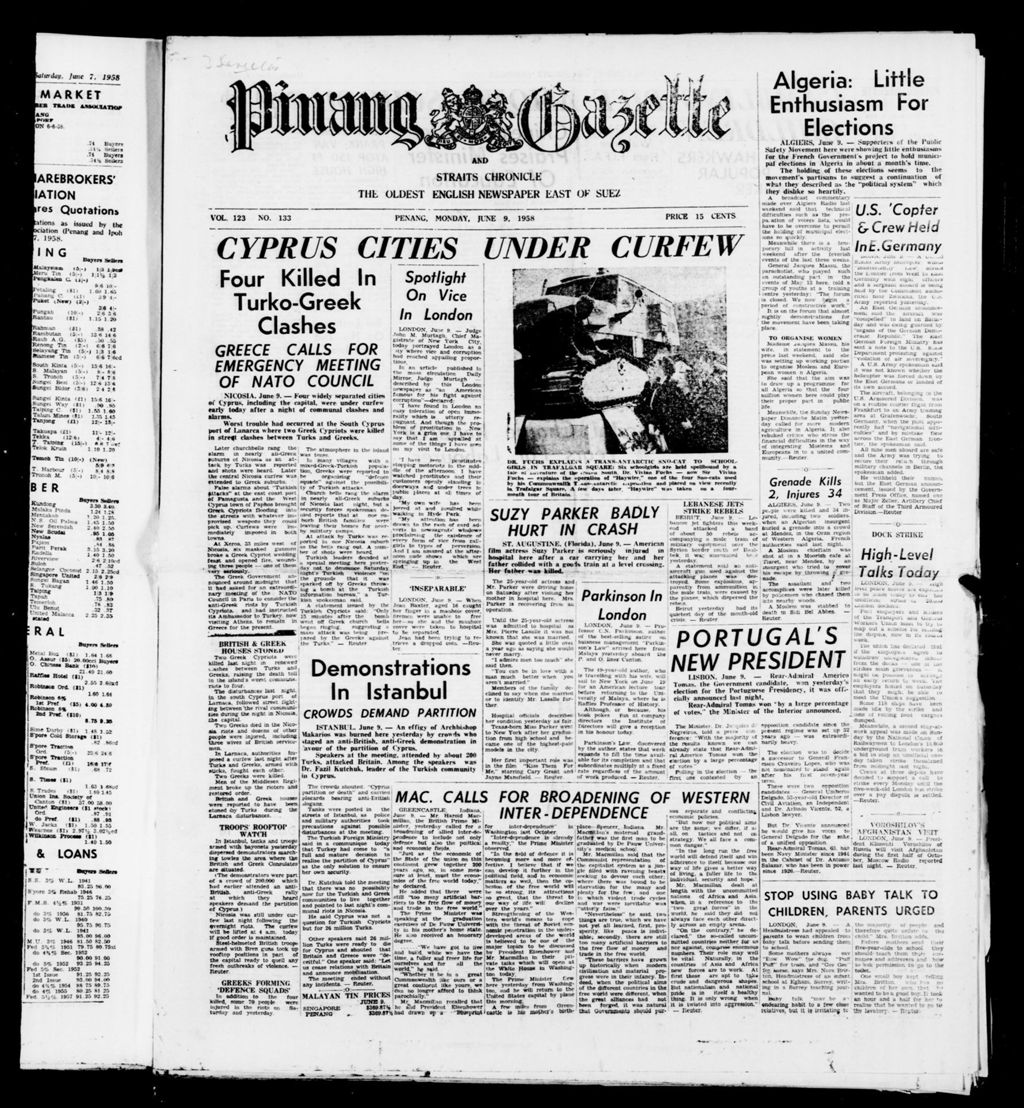 Miniature of Pinang Gazette and Straits Chronicle 09 June 1958