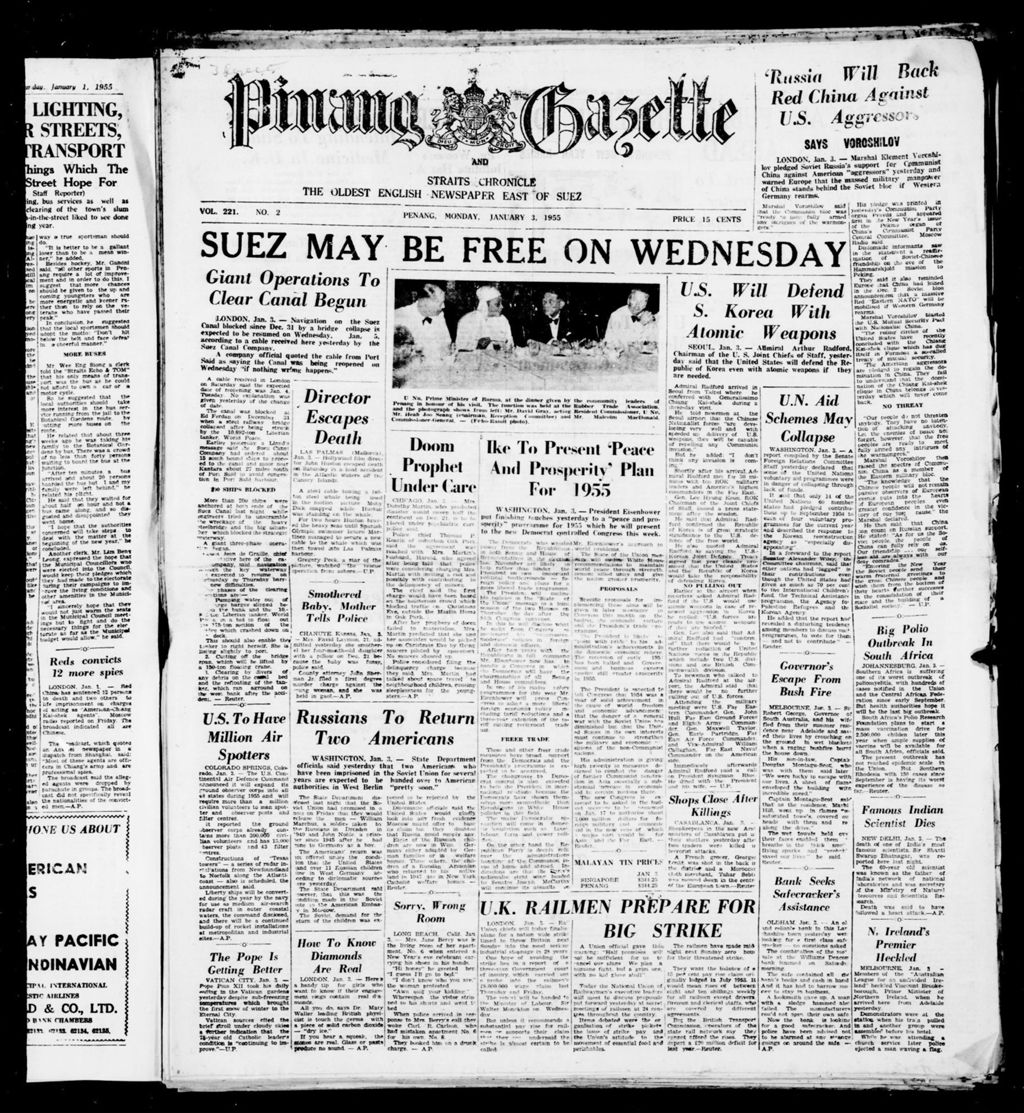 Miniature of Pinang Gazette and Straits Chronicle 03 January 1955