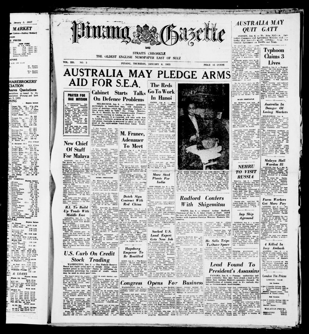 Miniature of Pinang Gazette and Straits Chronicle 06 January 1955