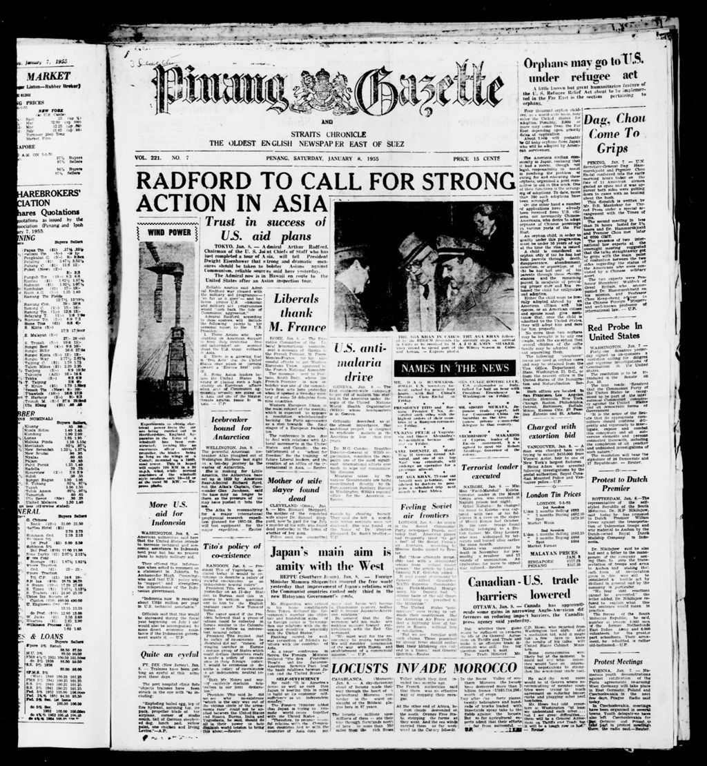 Miniature of Pinang Gazette and Straits Chronicle 08 January 1955