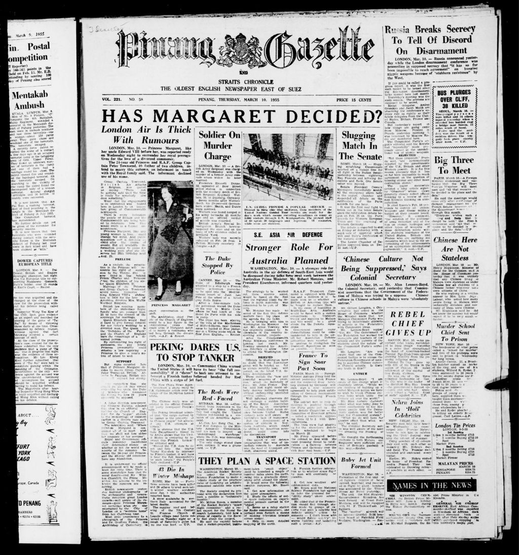 Miniature of Pinang Gazette and Straits Chronicle 10 March 1955