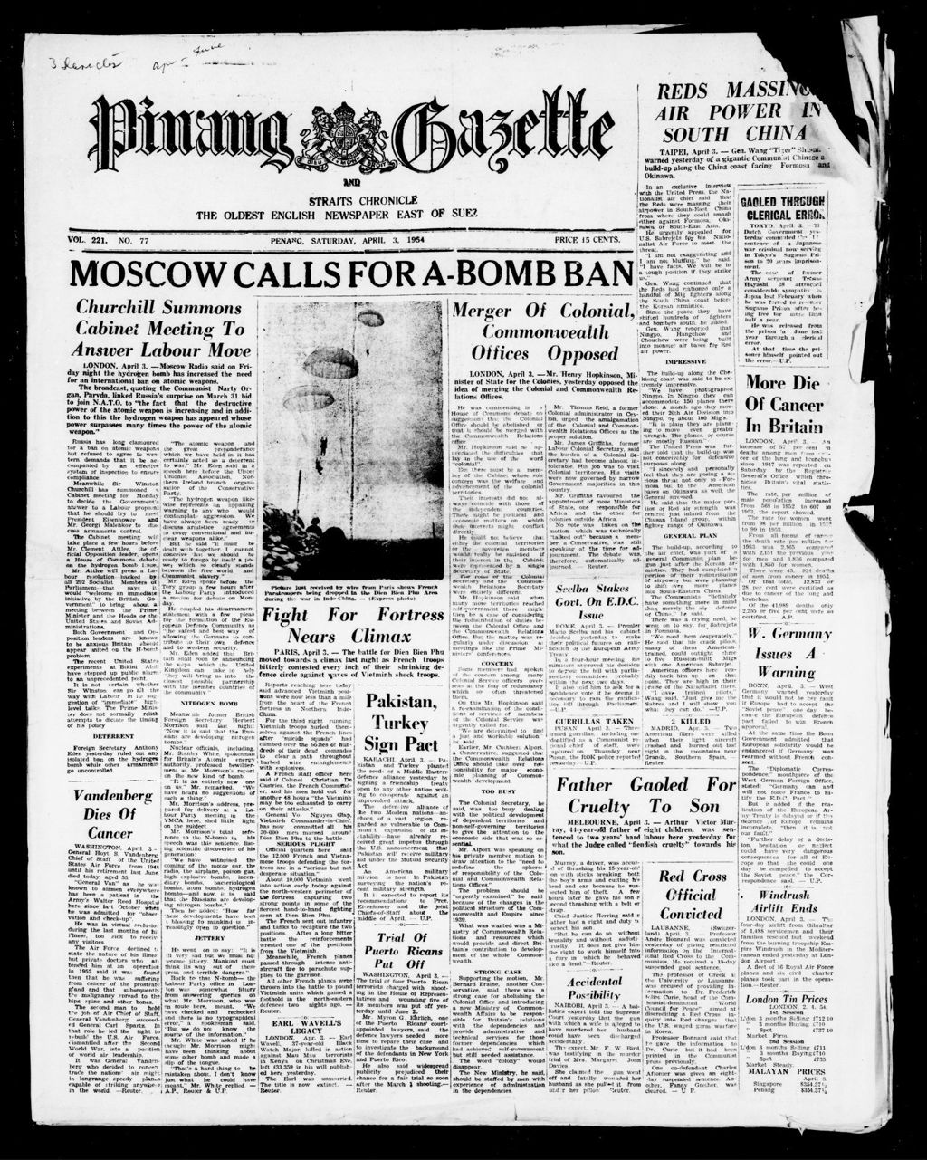 Miniature of Pinang Gazette and Straits Chronicle 03 April 1954