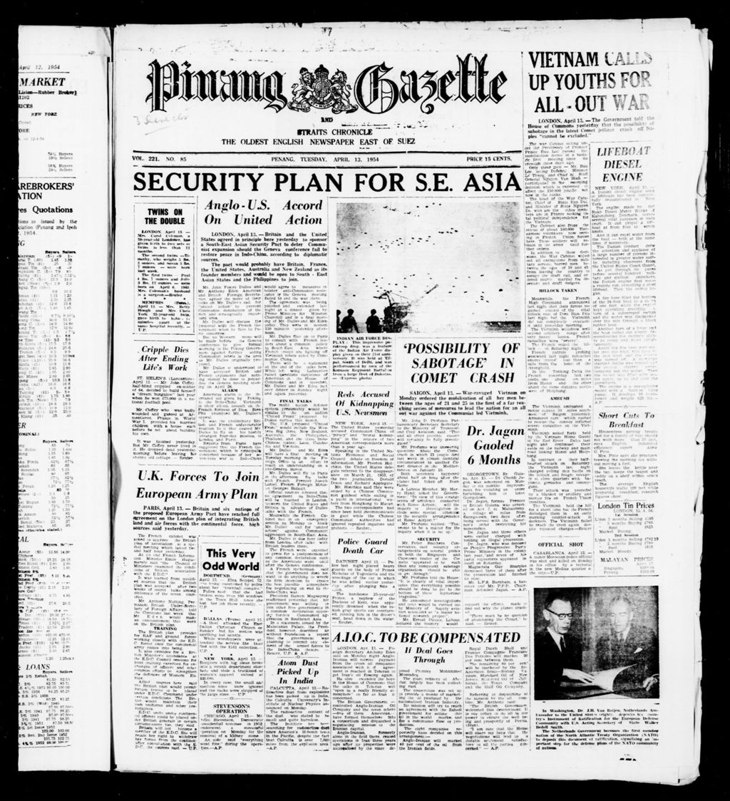 Miniature of Pinang Gazette and Straits Chronicle 13 April 1954