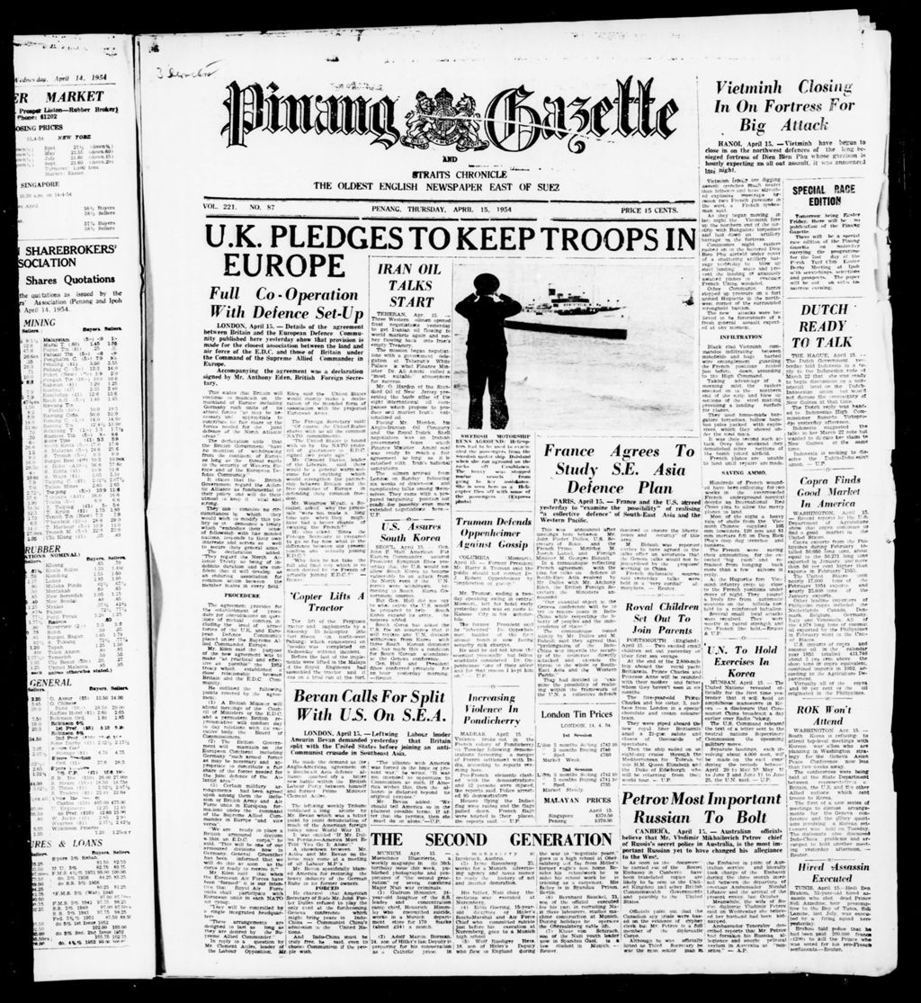 Miniature of Pinang Gazette and Straits Chronicle 15 April 1954