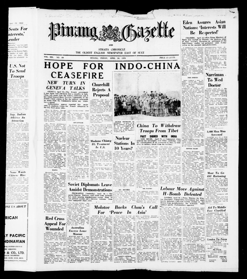 Miniature of Pinang Gazette and Straits Chronicle 30 April 1954