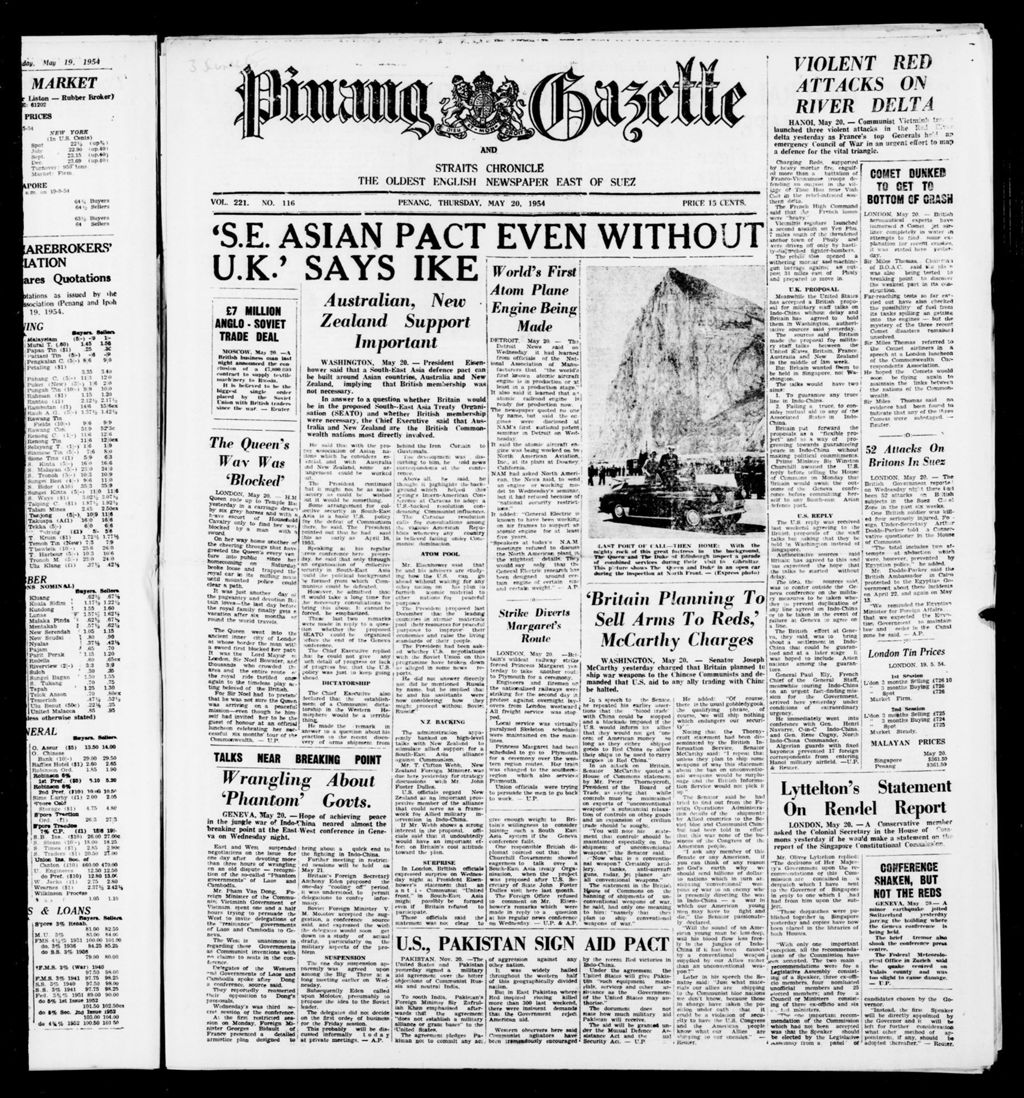 Miniature of Pinang Gazette and Straits Chronicle 20 May 1954