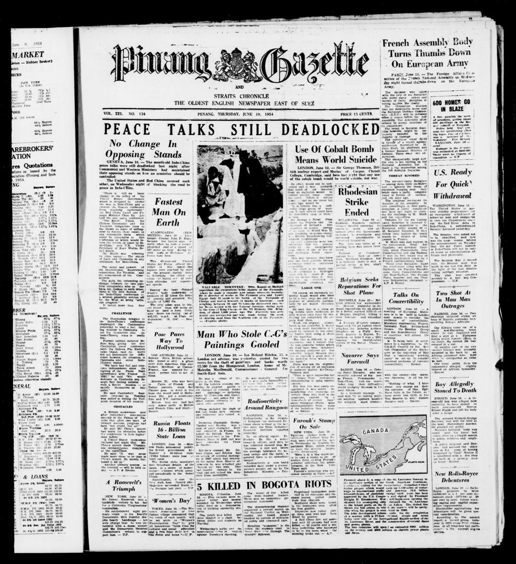 Miniature of Pinang Gazette and Straits Chronicle 10 June 1954