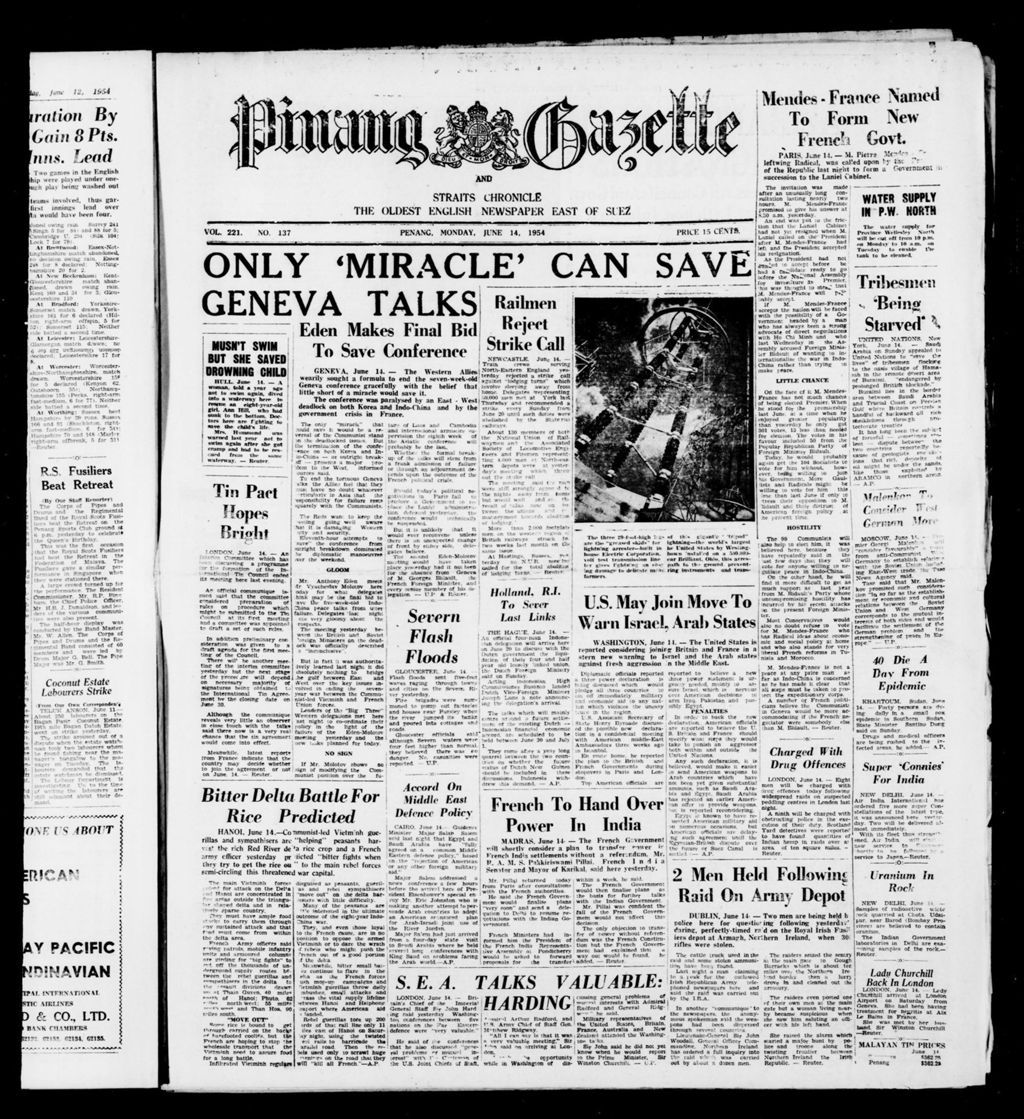 Miniature of Pinang Gazette and Straits Chronicle 14 June 1954