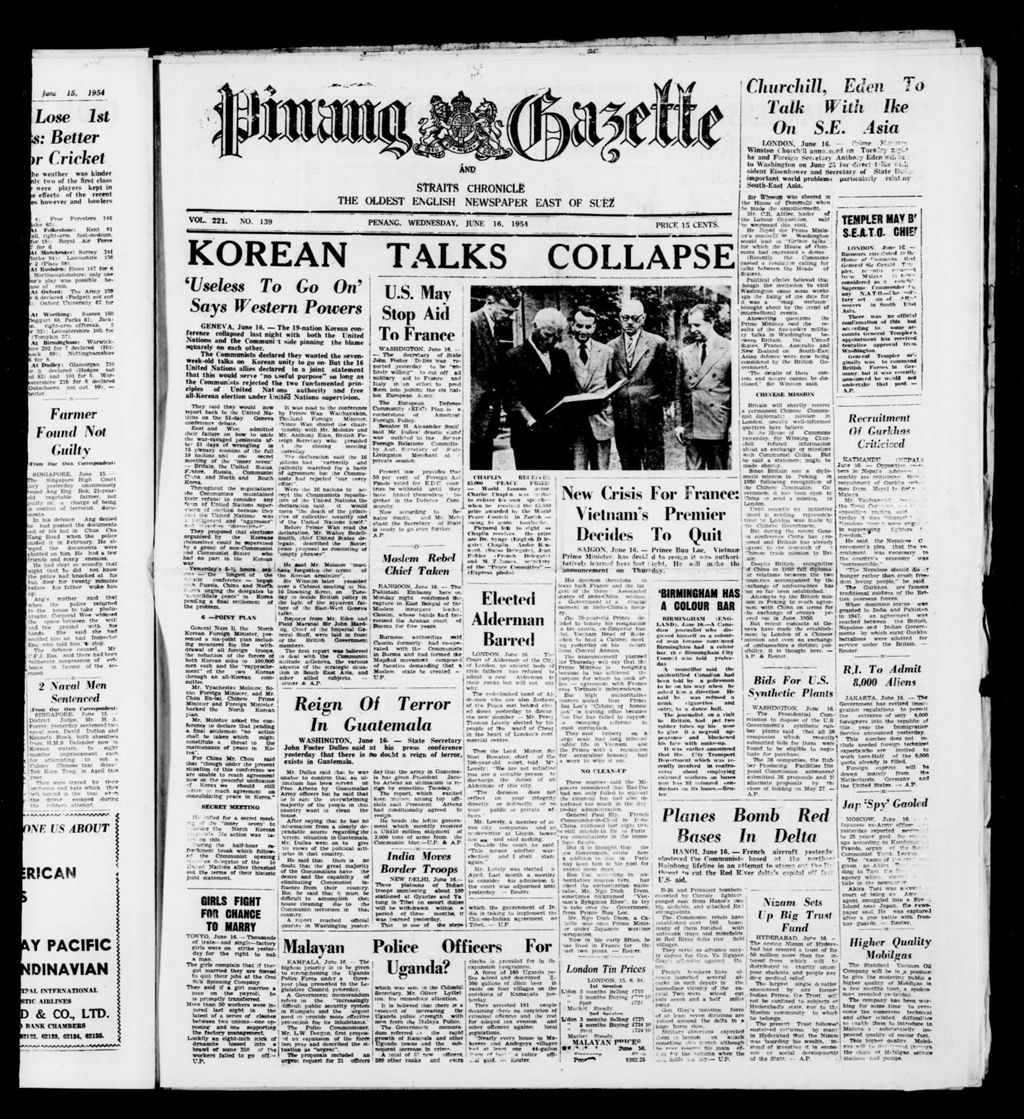 Miniature of Pinang Gazette and Straits Chronicle 16 June 1954