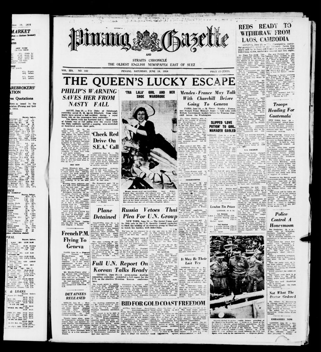 Miniature of Pinang Gazette and Straits Chronicle 19 June 1954