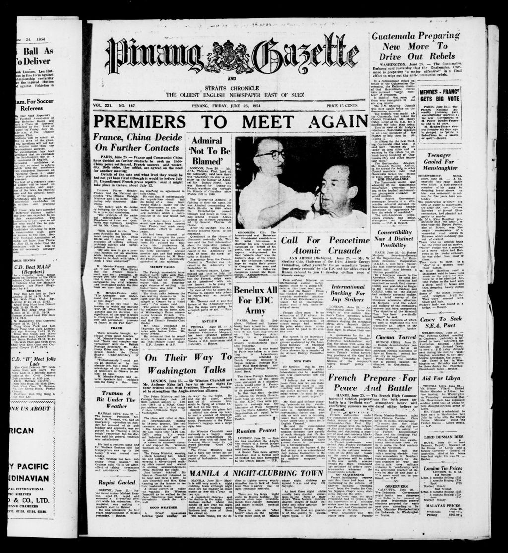 Miniature of Pinang Gazette and Straits Chronicle 25 June 1954