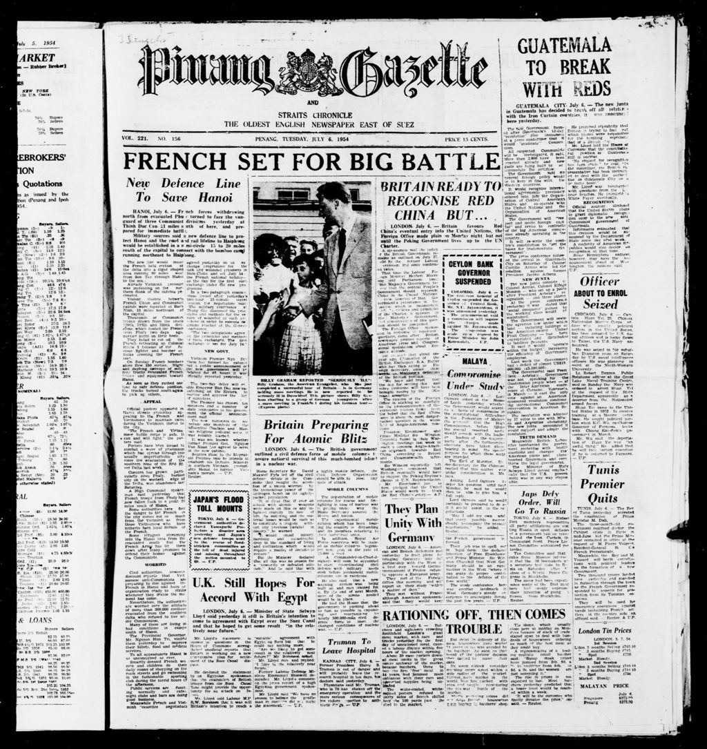 Miniature of Pinang Gazette and Straits Chronicle 06 July 1954