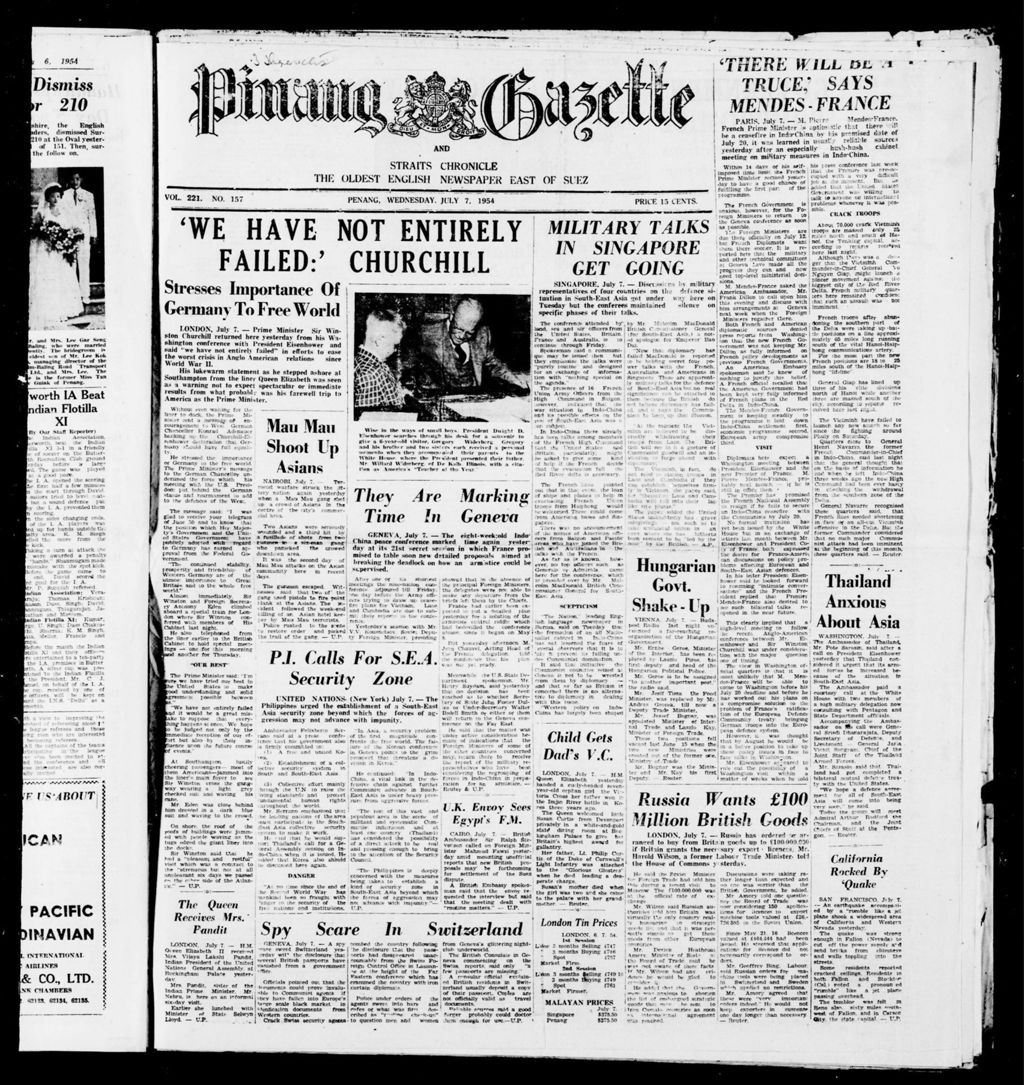 Miniature of Pinang Gazette and Straits Chronicle 07 July 1954