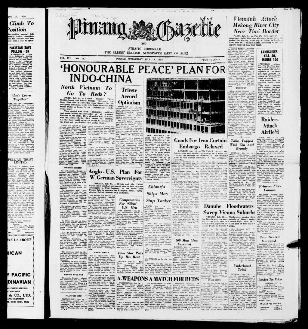 Miniature of Pinang Gazette and Straits Chronicle 14 July 1954