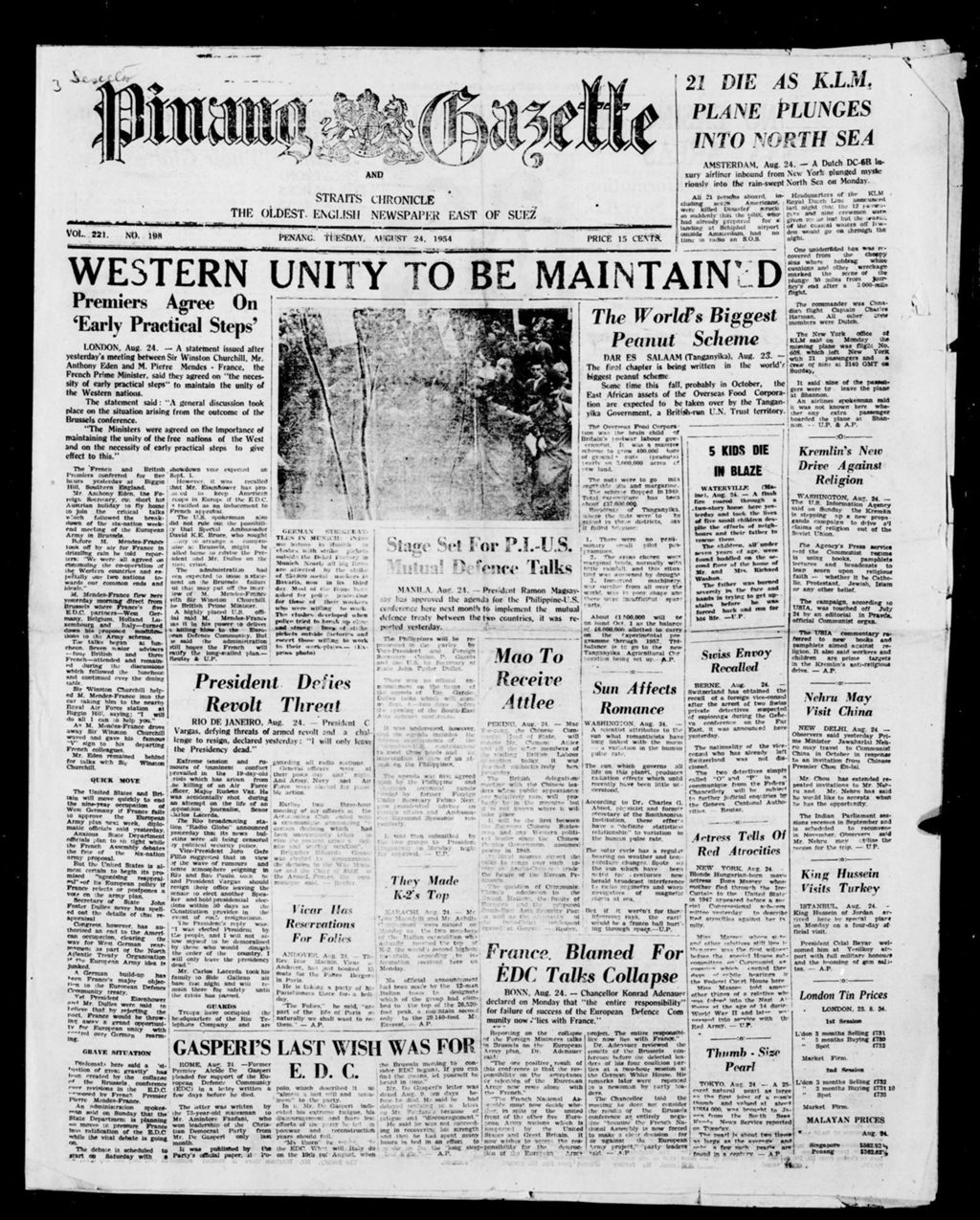 Miniature of Pinang Gazette and Straits Chronicle 24 August 1954