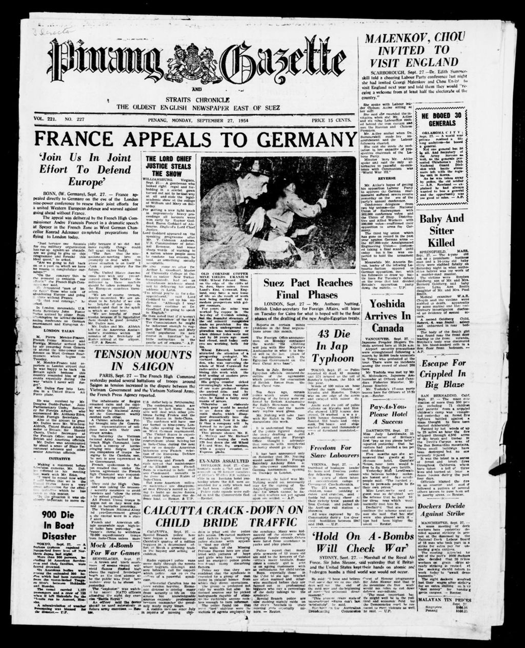 Miniature of Pinang Gazette and Straits Chronicle 27 September 1954