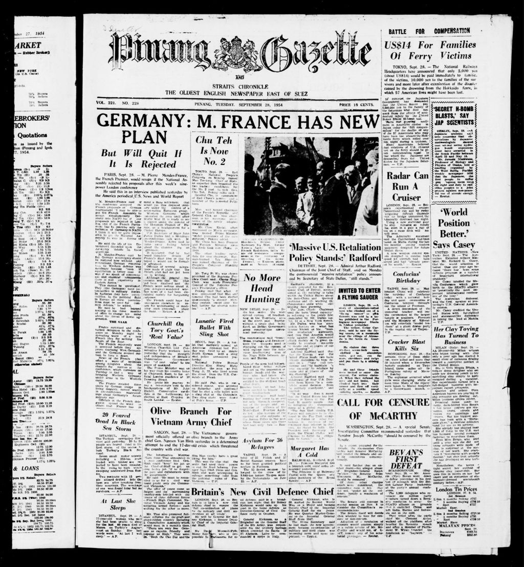 Miniature of Pinang Gazette and Straits Chronicle 28 September 1954