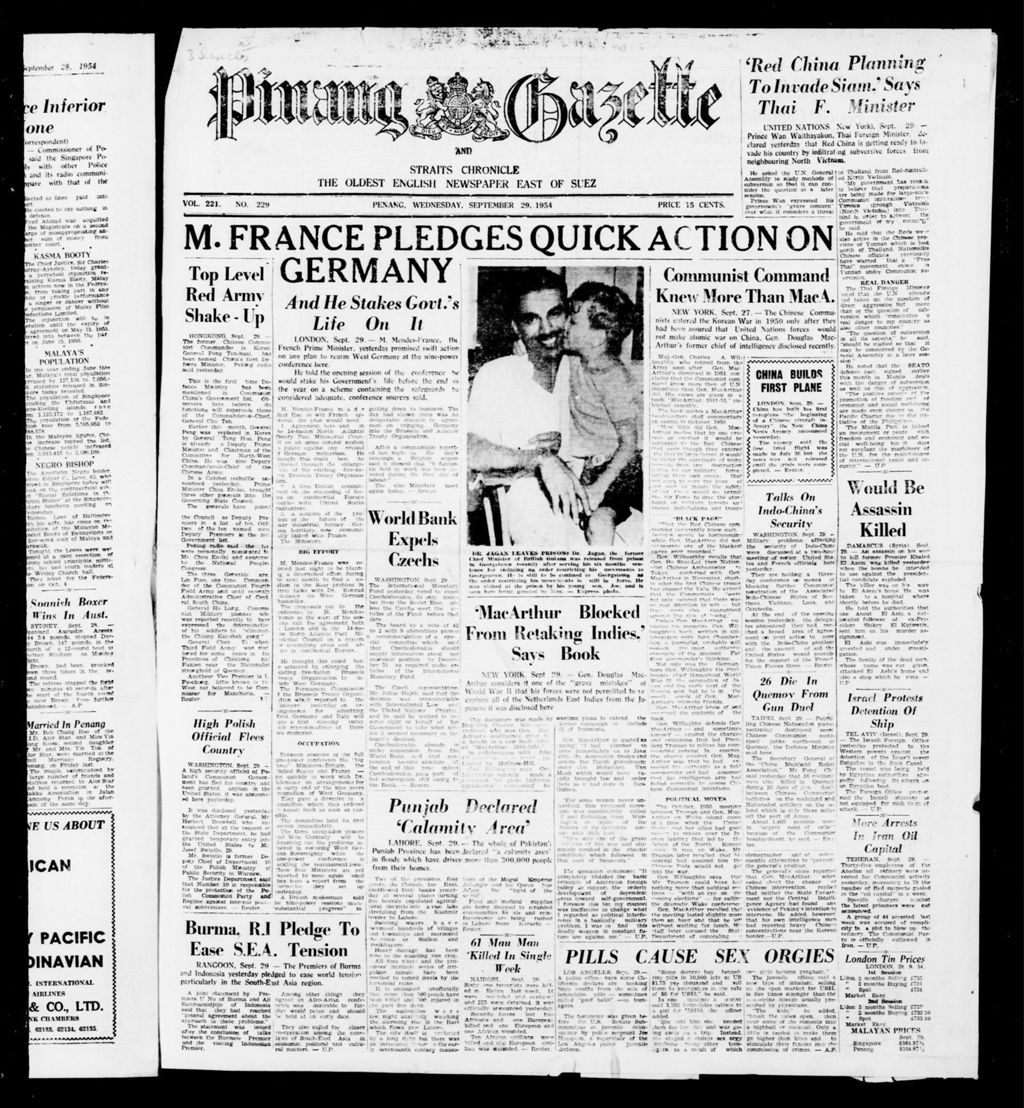 Miniature of Pinang Gazette and Straits Chronicle 29 September 1954