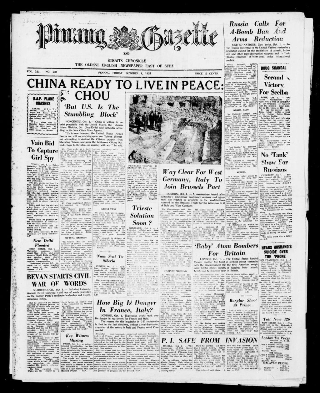 Miniature of Pinang Gazette and Straits Chronicle 01 October 1954