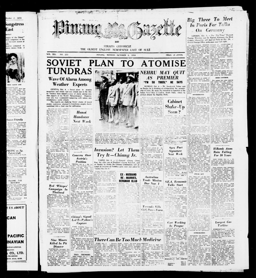 Miniature of Pinang Gazette and Straits Chronicle 04 October 1954