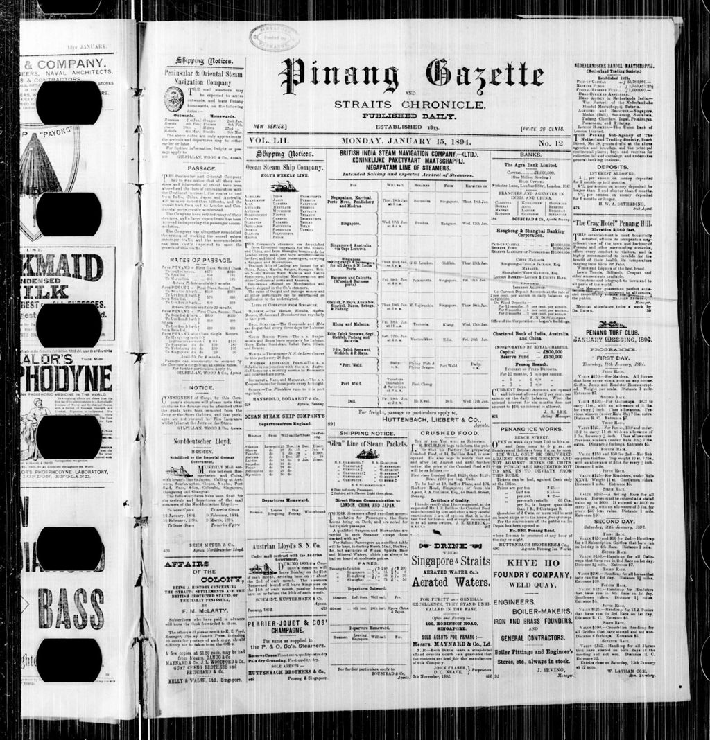 Miniature of Pinang Gazette and Straits Chronicle 15 January 1894