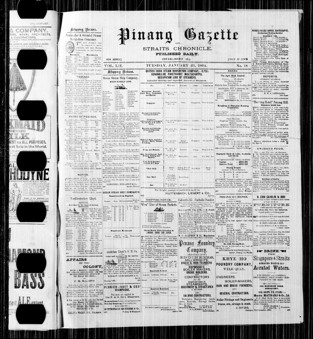 Miniature of Pinang Gazette and Straits Chronicle 23 January 1894