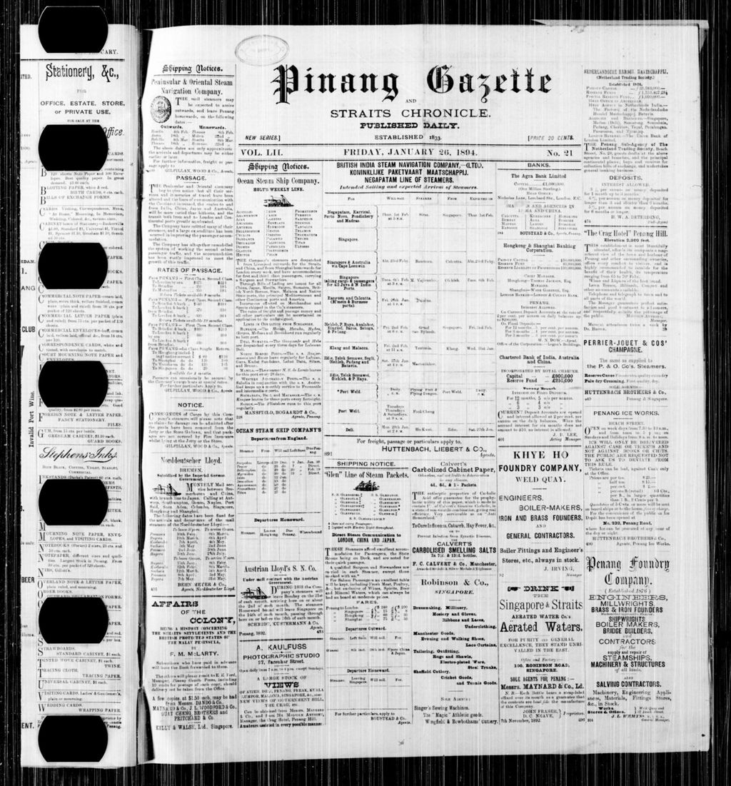 Miniature of Pinang Gazette and Straits Chronicle 26 January 1894