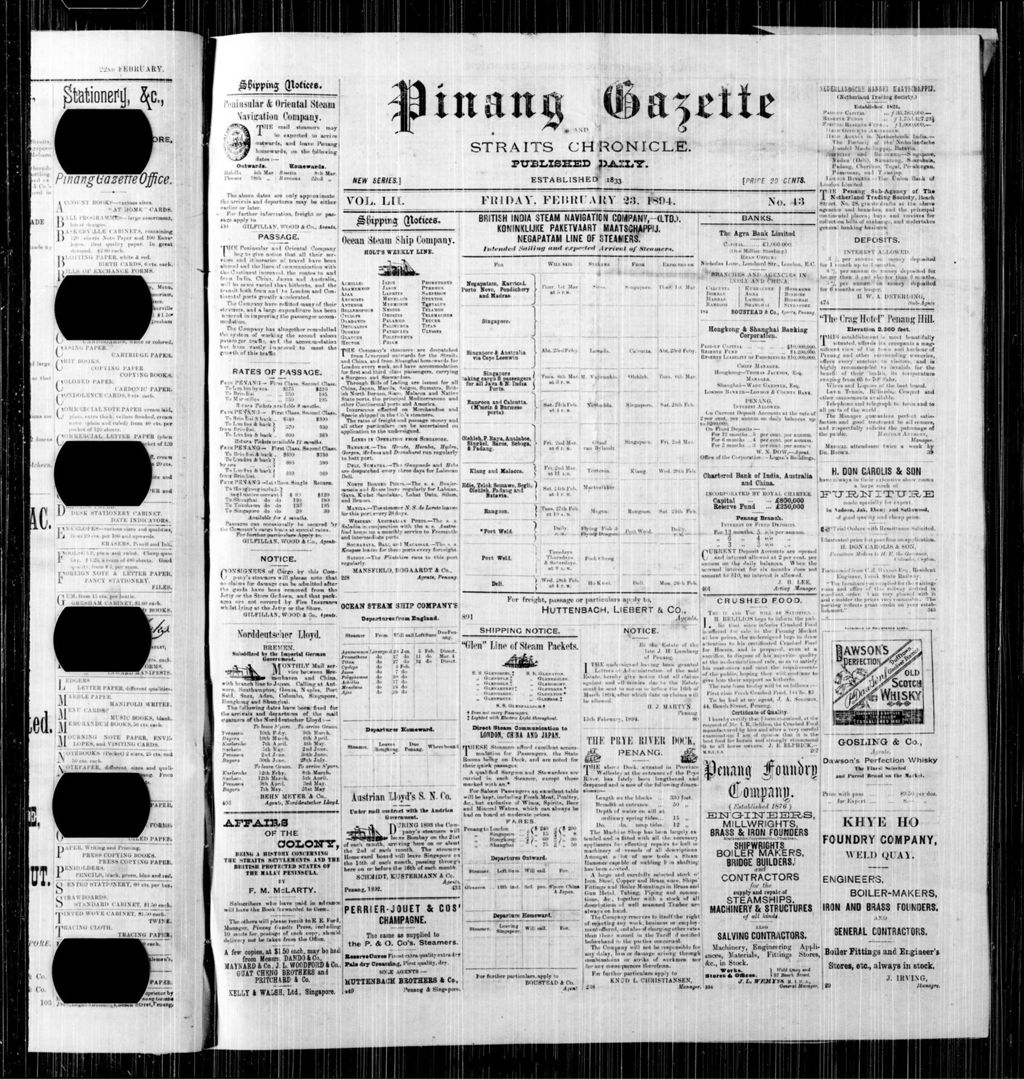 Miniature of Pinang Gazette and Straits Chronicle 23 February 1894