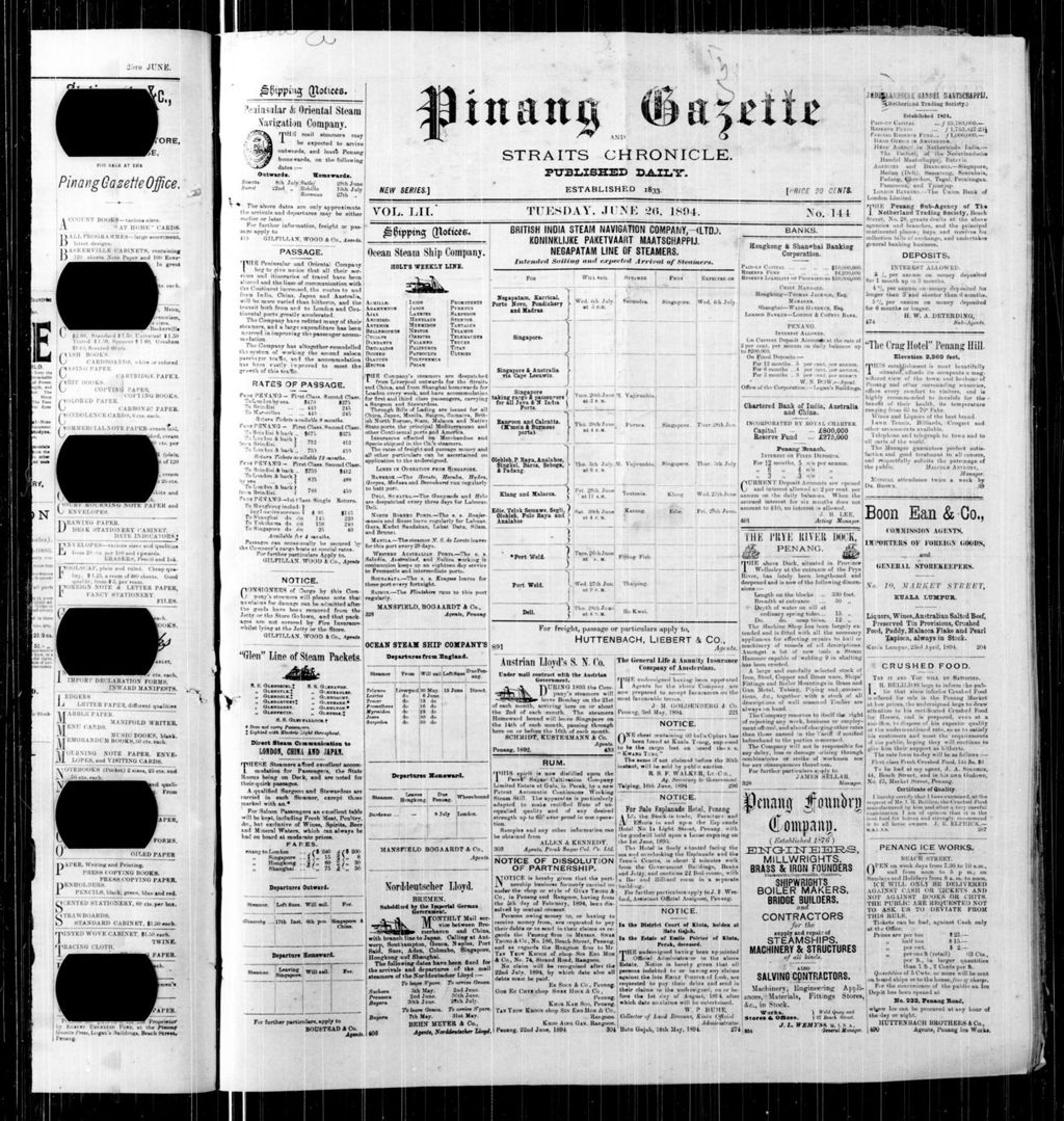 Miniature of Pinang Gazette and Straits Chronicle 26 June 1894