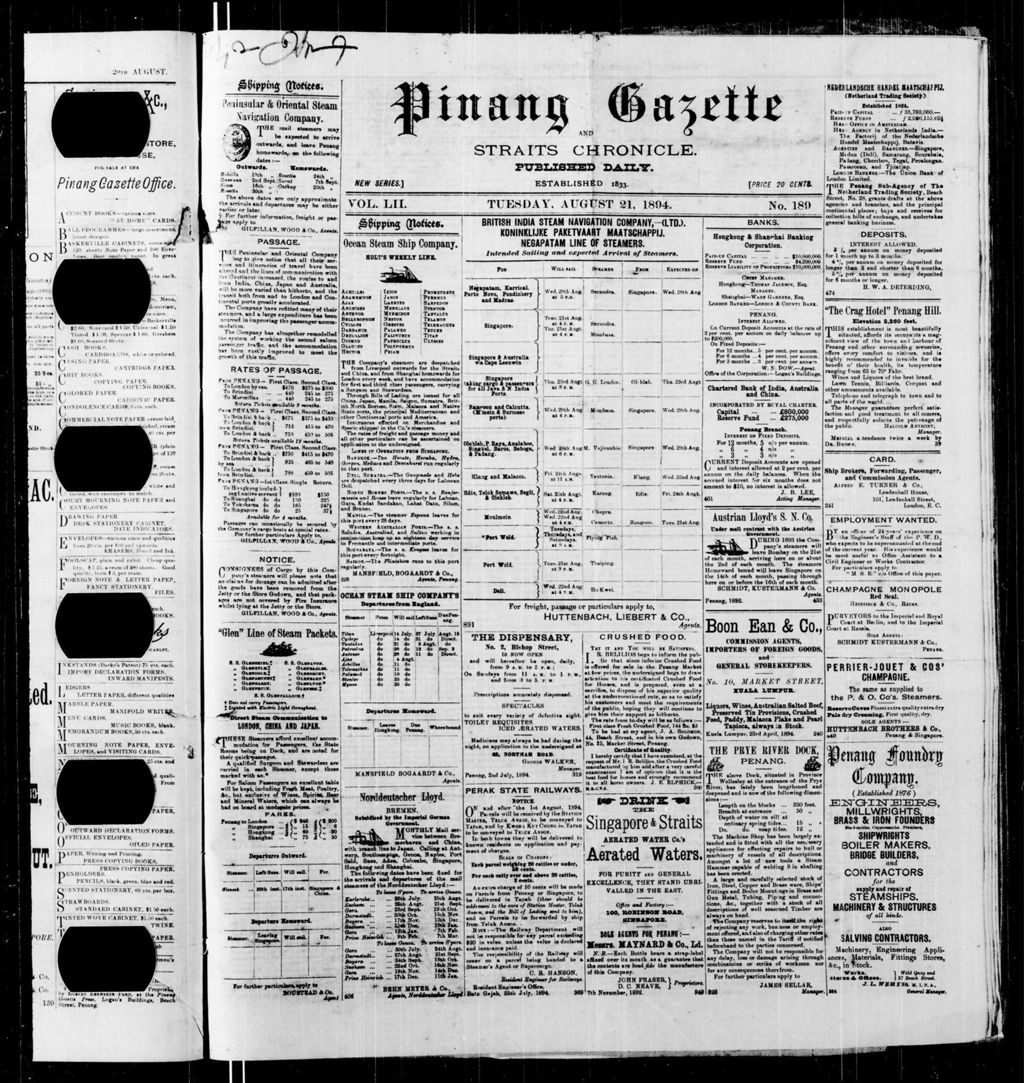 Miniature of Pinang Gazette and Straits Chronicle 21 August 1894