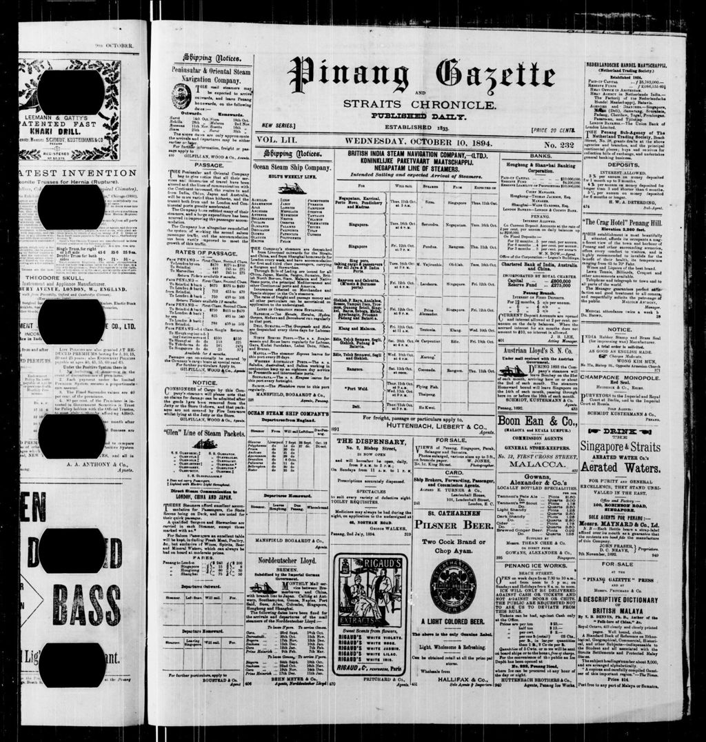 Miniature of Pinang Gazette and Straits Chronicle 10 October 1894