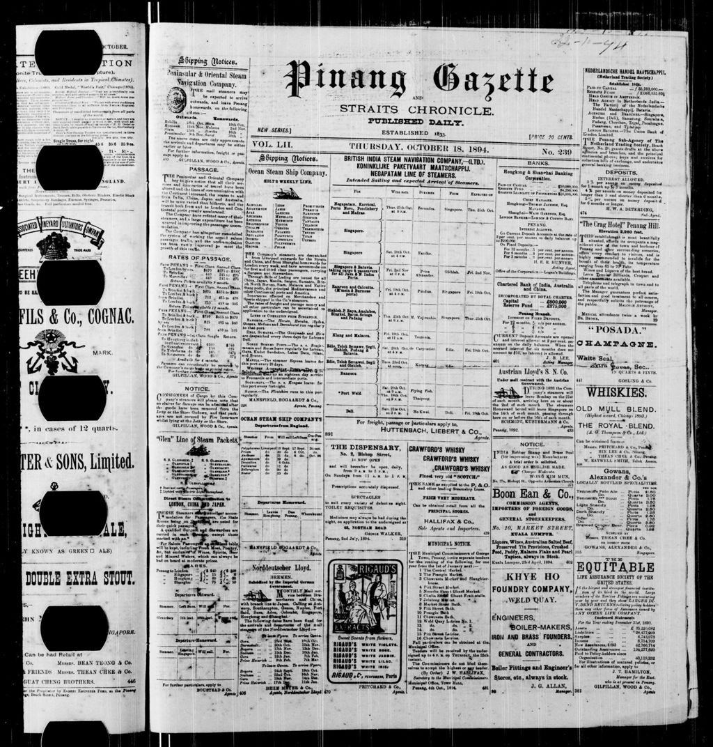 Miniature of Pinang Gazette and Straits Chronicle 18 October 1894