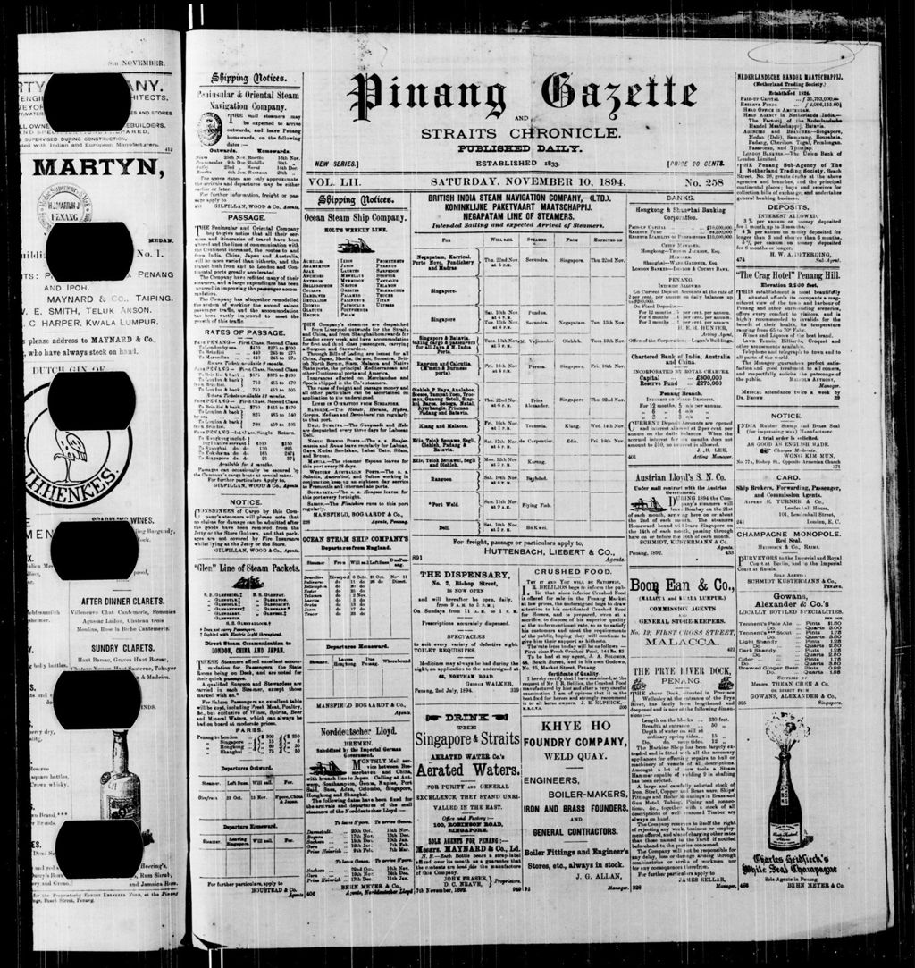 Miniature of Pinang Gazette and Straits Chronicle 10 November 1894