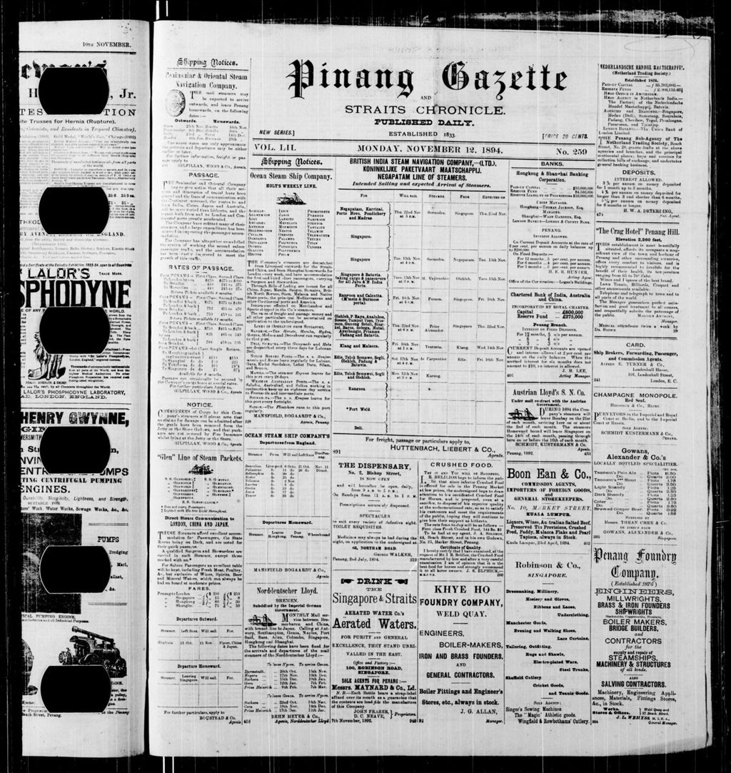 Miniature of Pinang Gazette and Straits Chronicle 12 November 1894