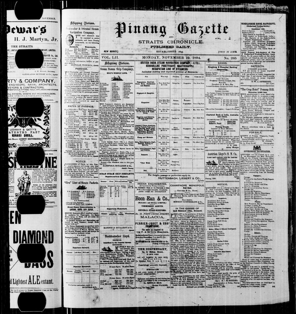 Miniature of Pinang Gazette and Straits Chronicle 19 November 1894