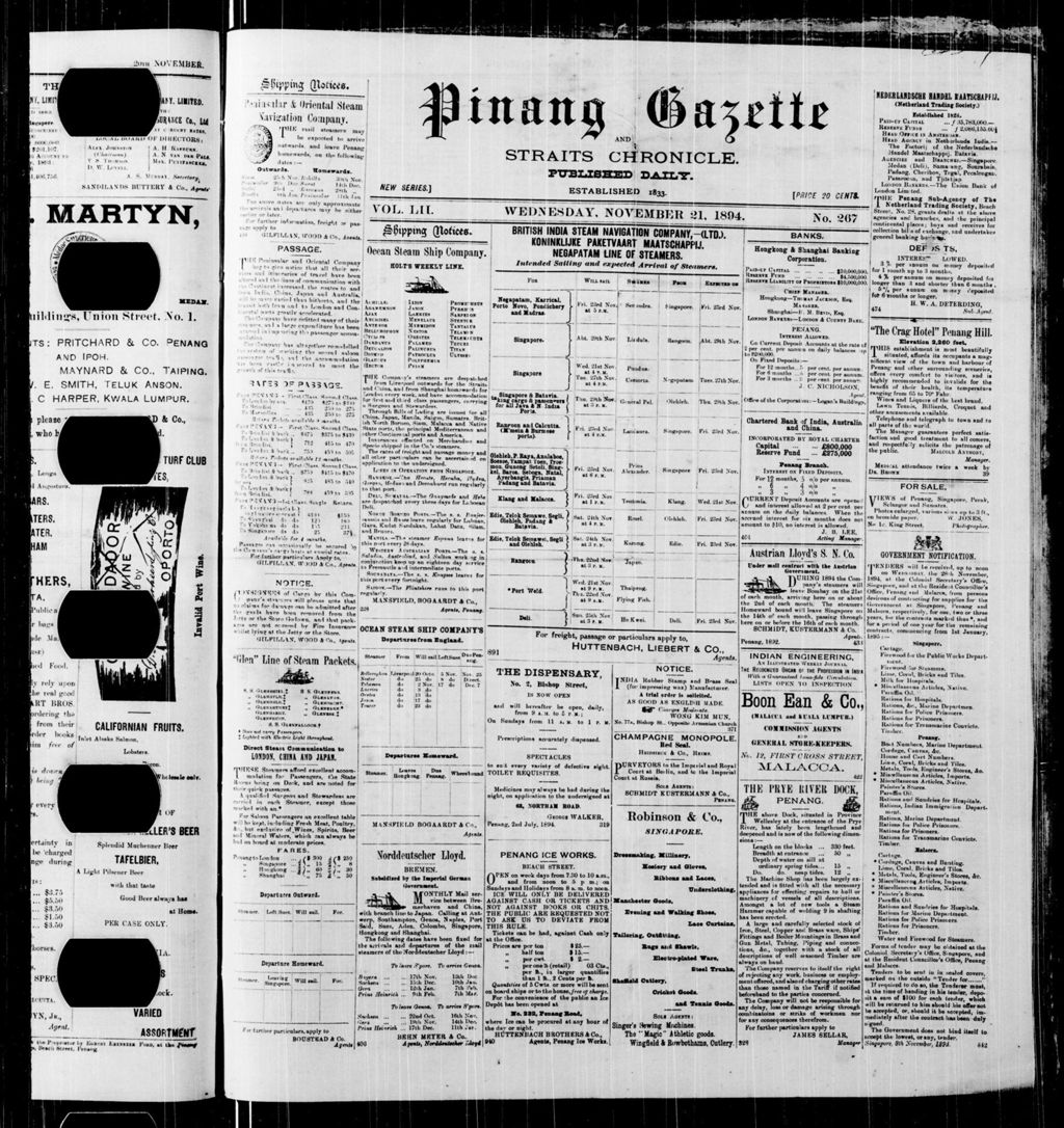 Miniature of Pinang Gazette and Straits Chronicle 21 November 1894