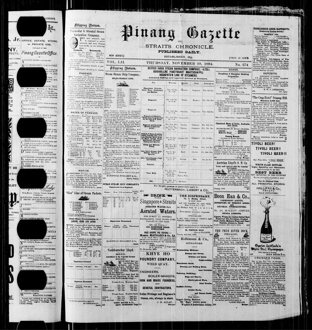 Miniature of Pinang Gazette and Straits Chronicle 29 November 1894