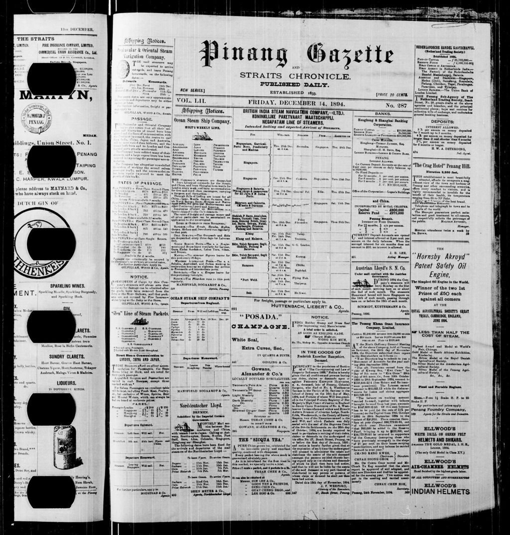 Miniature of Pinang Gazette and Straits Chronicle 14 December 1894