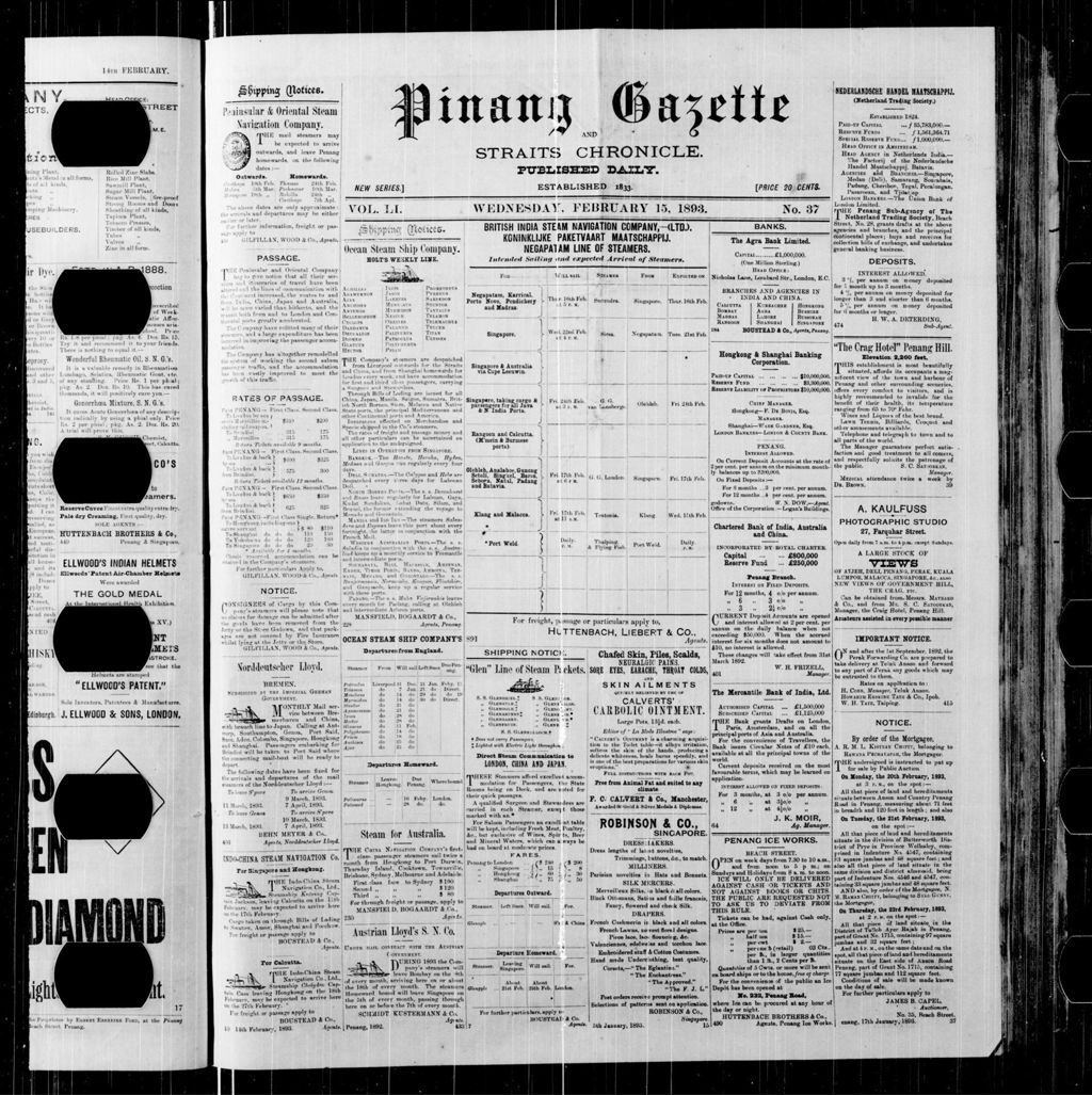 Miniature of Pinang Gazette and Straits Chronicle 15 February 1893