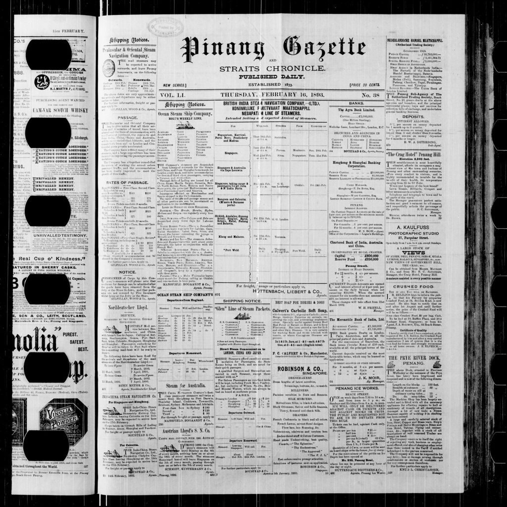 Miniature of Pinang Gazette and Straits Chronicle 16 February 1893