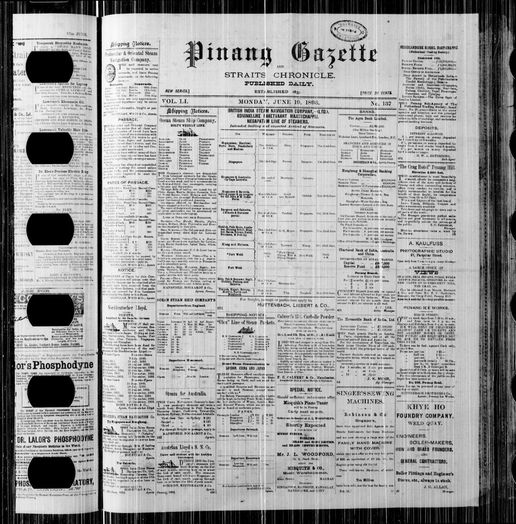 Miniature of Pinang Gazette and Straits Chronicle 19 June 1893