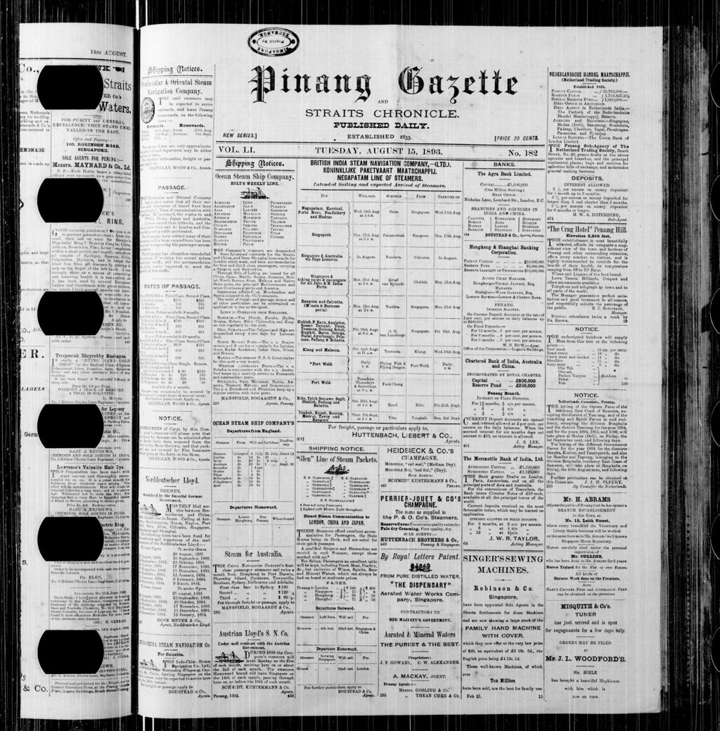 Miniature of Pinang Gazette and Straits Chronicle 15 August 1893