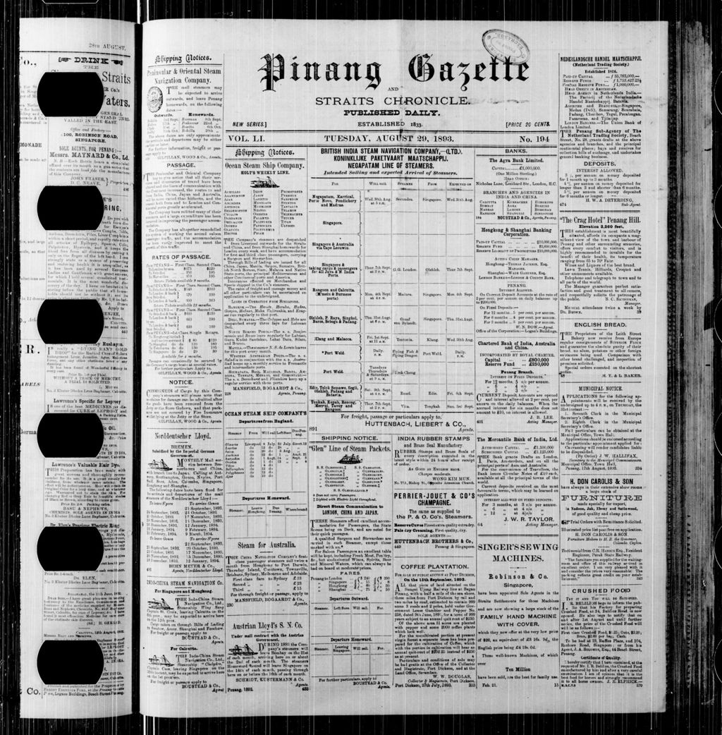 Miniature of Pinang Gazette and Straits Chronicle 29 August 1893